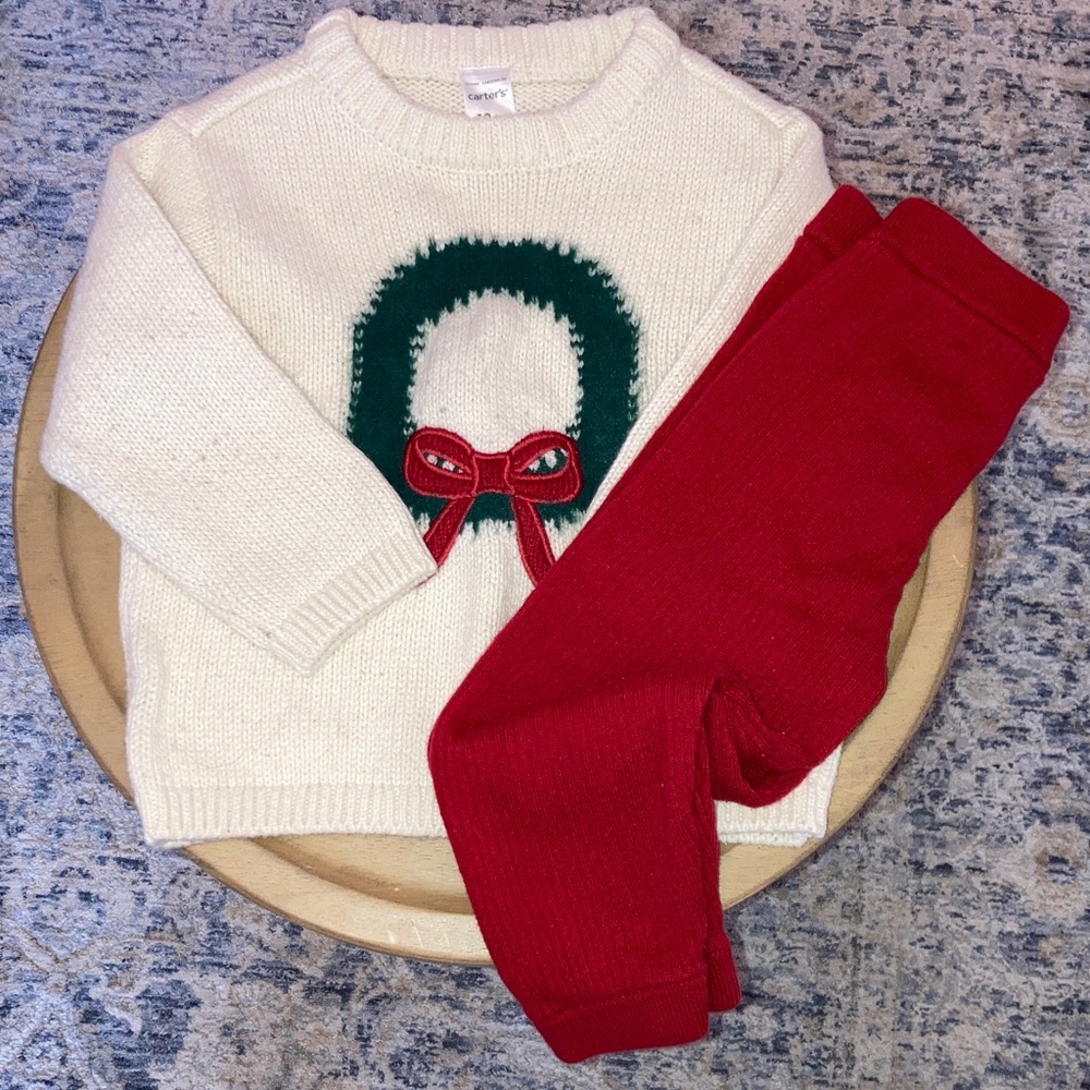 #70. Carter's - Cream Knit Sweater & Red Pants Holiday Set